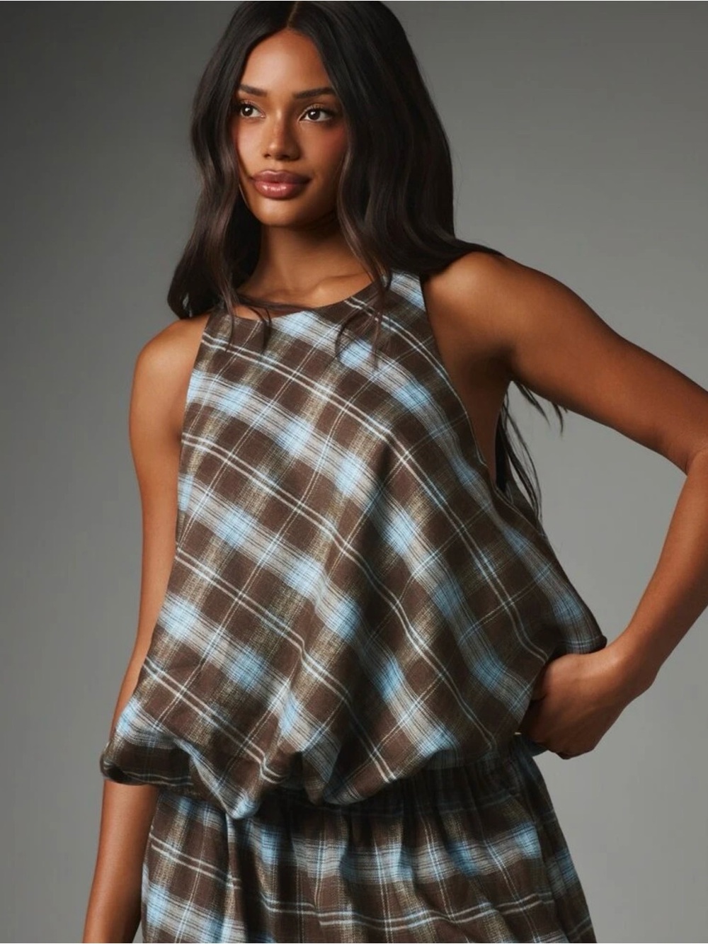Women's Brown & Light Blue Plaid 2 piece set
